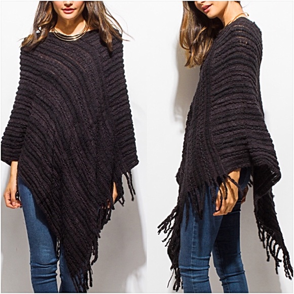 Accessories - Black Soft Sweater Poncho Scarf Wrap OS